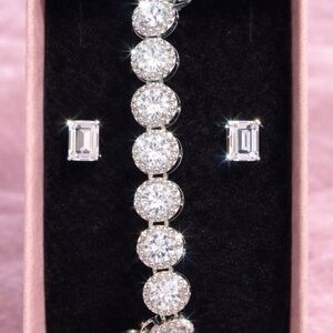 Moissanite sterling silver emerald cut studs and tennis bracelet bundle